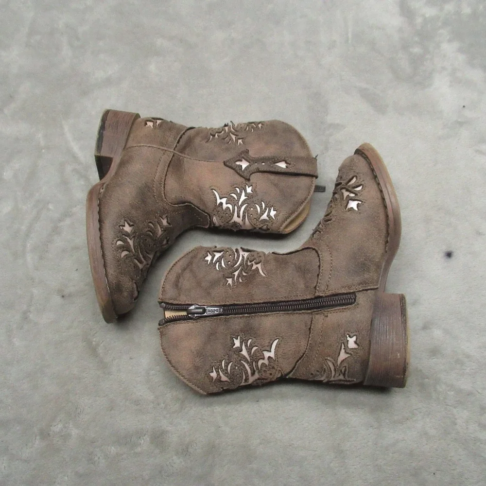 Roper Toddlers 7 Lola Cowboy Boots Brown Faux Leather‎ Western Side Zip Square
